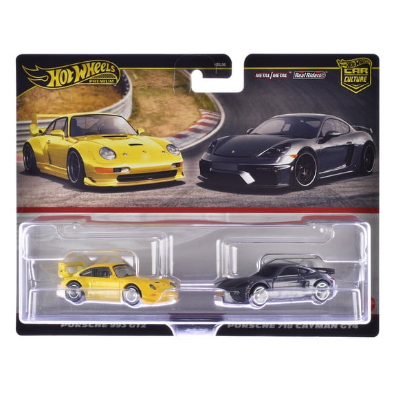 Porsche 993 GT2 Yellow and Porsche 718 Cayman GT4 Gray with Carbon Hood "Car Culture" Set of 2 Diecast Model Cars by Hot Wheels