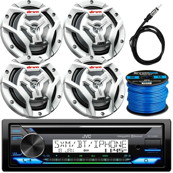 JVC KD-T91MBS Single DIN Marine Motor Sports CD Player USB AUX Receiver Bundle Combo With 4x 6.5" 150 Watt 2-Way Coaxial White Car Audio Speakers   Enrock Radio Antenna   50 Foot 16g Speaker Wire
