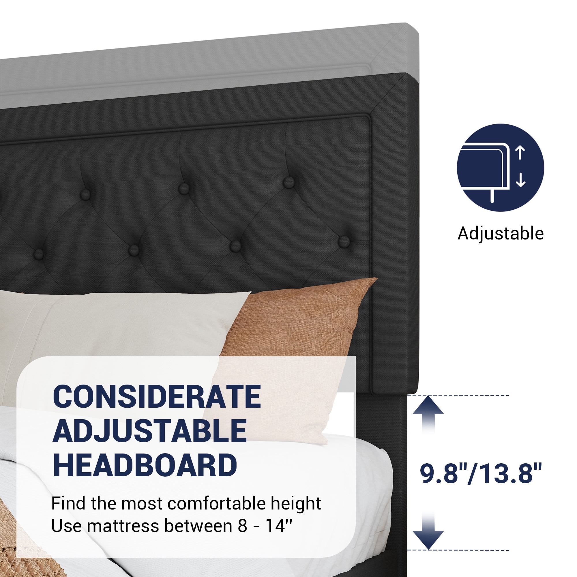 SHA CERLIN Queen Bed Frame with Adjustable Headboard, Fabric Upholstered Platform Bed, No Box Spring Required, Black