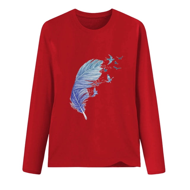 Fvwitlyh T-Shirts pour Femmes Femmes Imprimé O T-shirt Manches Longues Blouse Décontractée Top Rouge, S