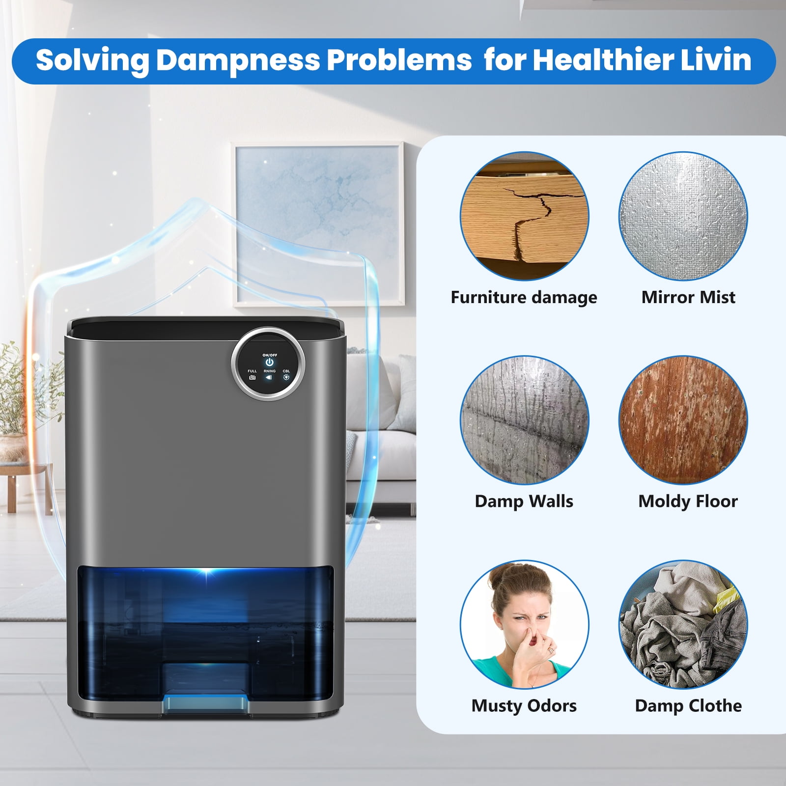 EGEH Dehumidifier for Home, 70 OZ Water Tank (500 sq ft) Auto Shut off Small Dehumidifiers for Bedroom Bathroom with 5 Colors LED Lights, Gray