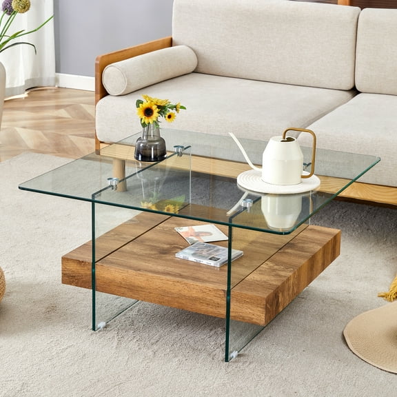 Holaki 31.4 Inch Square Coffee Table Clear Tempered Glass Tabletop Coffee Table with 2-Tier Storage Modern Center Table for Living Room Home Office,Natural