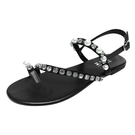 

Mortilo Women Shoes Flip Flops Summer Pearl Rhinestone Thong Sandals Comfortable Open Toe Roman Sandals PU sandals for Women Black