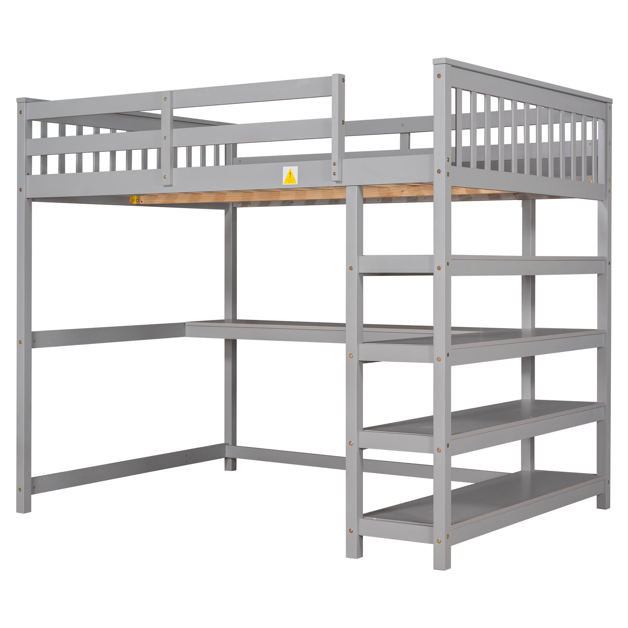 Euroco Solid Wood Full Loft Bed with Desk and 4-Tier Storage Shelves for Kids Bedrrom, Gray