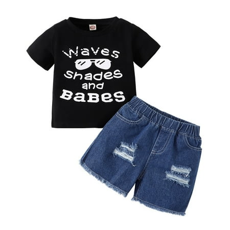 

OLLUISNEO Infant Baby Boys Shorts Outfits 12 Months Summer Shorts Outfits 18 Months Pattern Print Short Sleeve Top Ripped Shorts 2 PCS Set