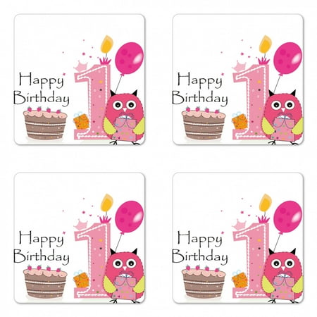 

1st Birthday Coaster Set of 4 First Birthday Surprise Cake Candle Sketchy Cartoon Owl Image Square Hardboard Gloss Coasters Standard Size Brown Hot Pink and Pink by Ambesonne