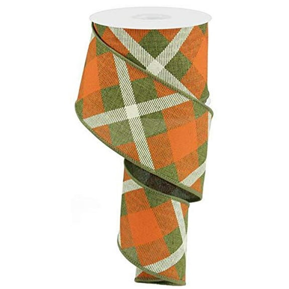 Plaid Canvas Wired Edge Ribbon, 10 Yards (Fern, Orange, Cream, 2.5")