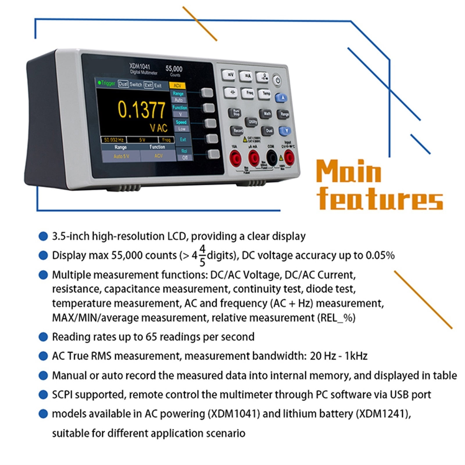 XDM1041 XDM1241 Bench Digital Multimeter 55000 Counts True RMS 3.5" LCD Current Voltmeter Temperature Desktop Multimeters ,Versatile Measurement