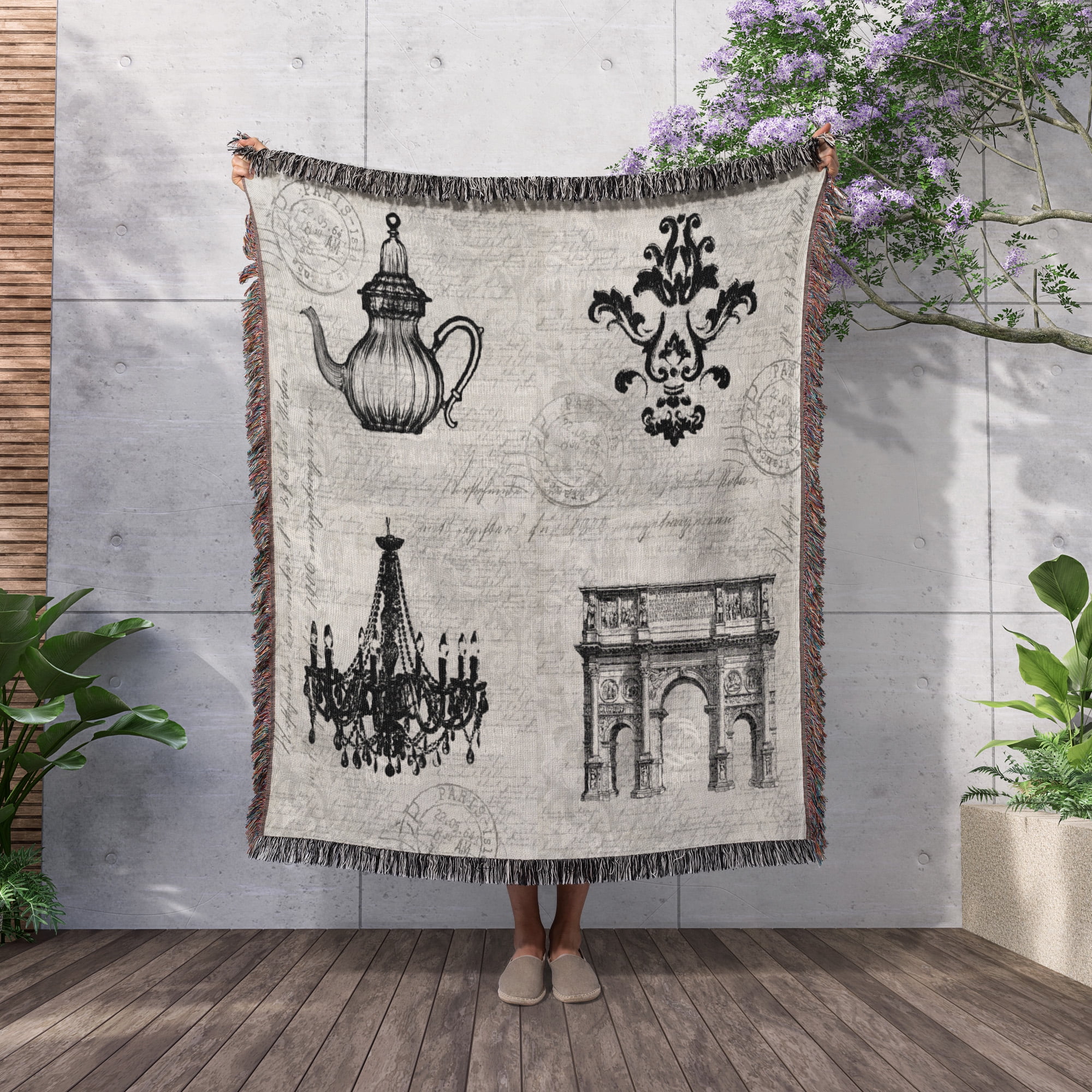 Nostalgic Illustration With Chandelier, Arc De Triomphe, Jug, Ornament, Woven Blanket