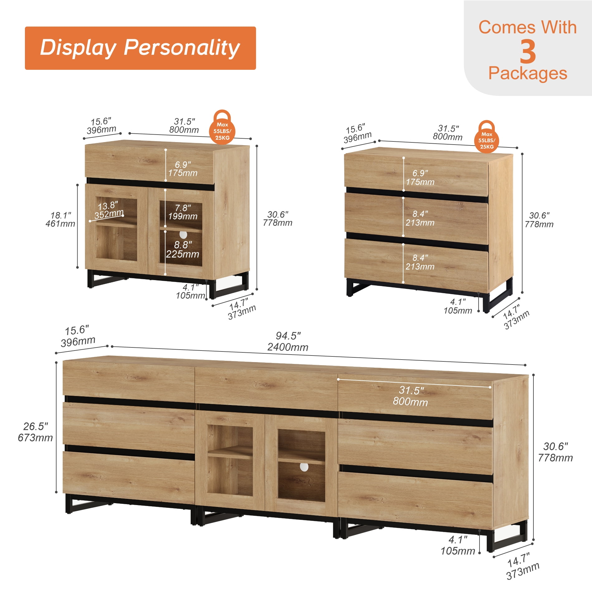3 In 1 Dresser with Glass Doors & 7 Drawers, Modern Storage Chest with Adjustable Shelf and Metal Base, Multi-purpose Bedroom Closet Organizer Cabinet,Oak