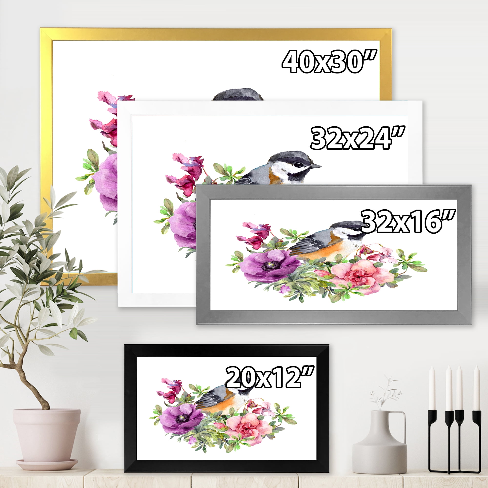 Designart 'Cute Bird In Purple and Pink Flowers' Traditional Framed Art Print