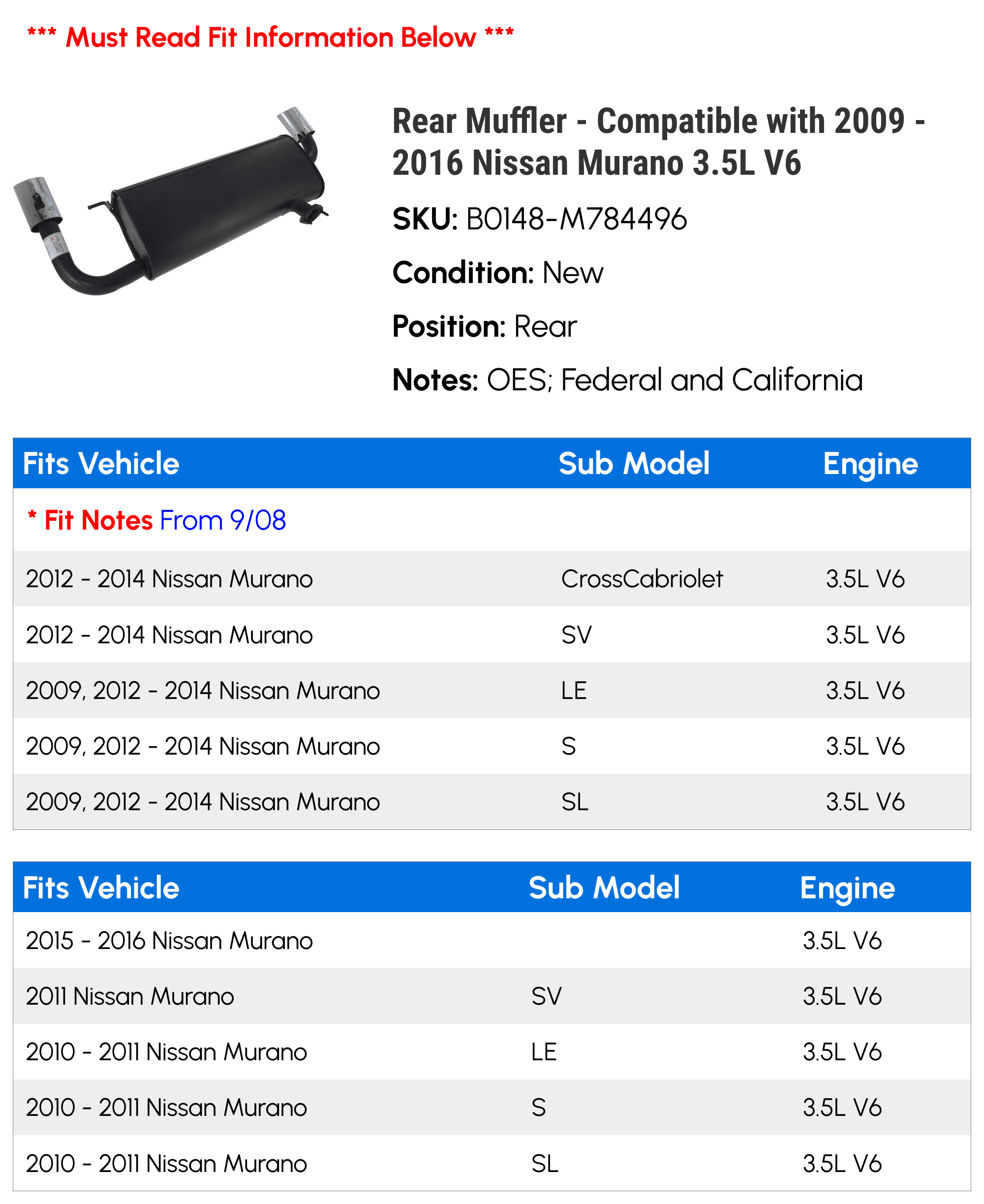 Rear Muffler - Compatible with 2009 - 2016 Nissan Murano 3.5L V6 2010 2011 2012 2013 2014 2015