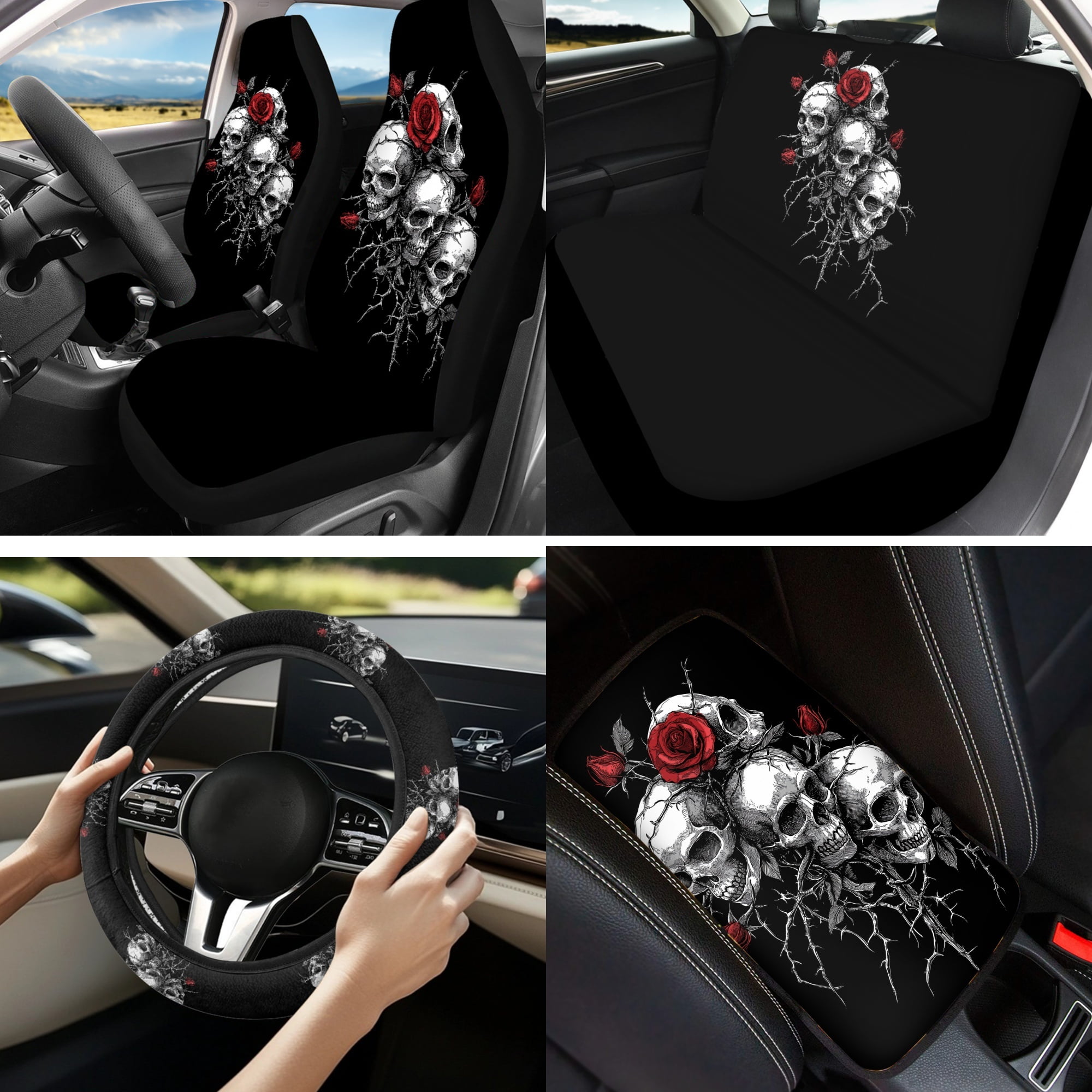 Jeiento Gothic Skull Auto Seat Cover Full Set 13 Pack Universal Car Accessories Set Rose Steering Wheel Cover Armrest Pad Seatbelt Pad Cup Mat Keychain Fit for Sedan SUV Van