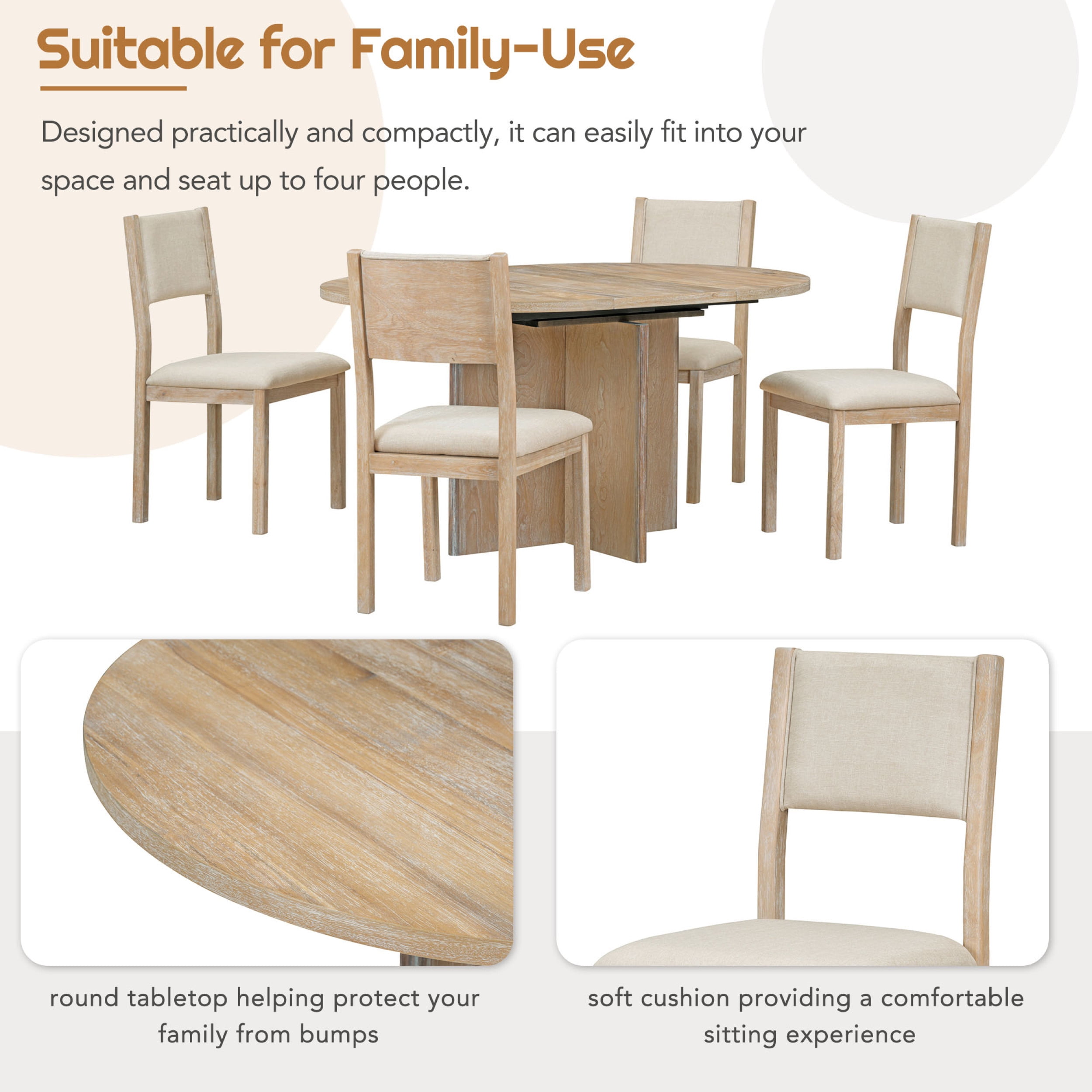 5-Piece Retro Functional Dining Set, 1 Extendable Table with a 16
