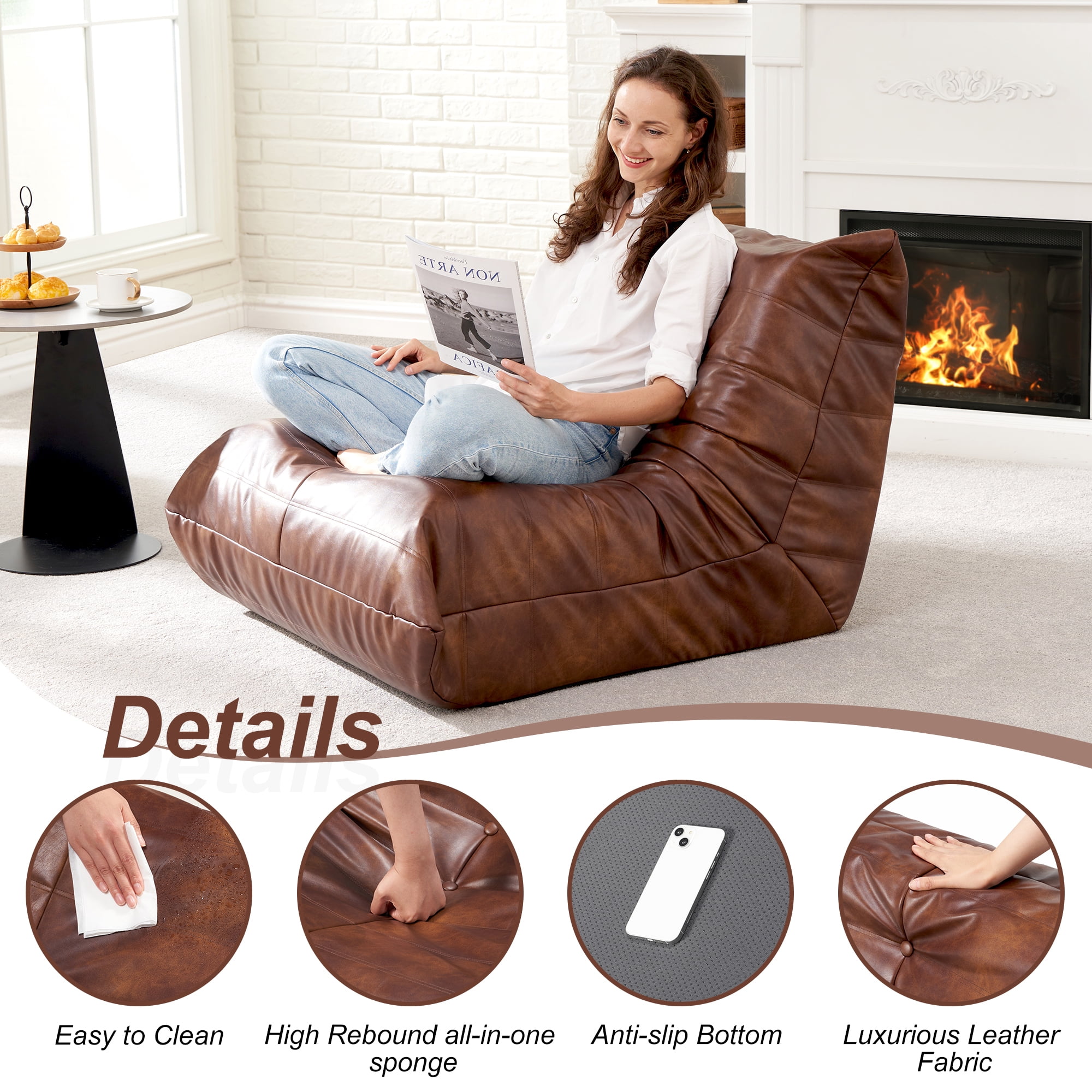 Hobestluk Giant Bean Bag Chair, Faux Leather Memory Foam Bean Bag Sofa for Adults, Living Room Bedroom Dorm Office, Brown
