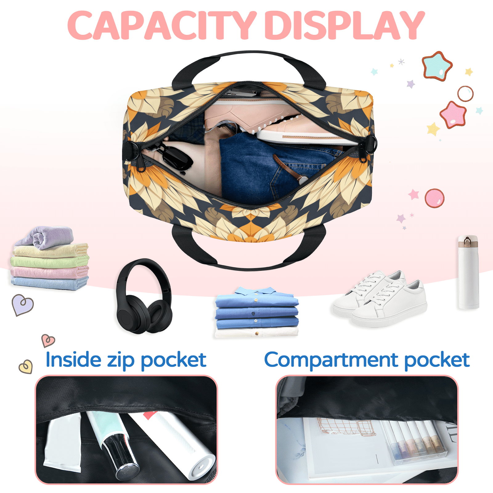 Herdesigns Sunflower Gym Bag for Women, Duffle Bag for Travel Sport, Flower Lightweight Waterproof Carry on Weekender Dance Yoga Workout Bags