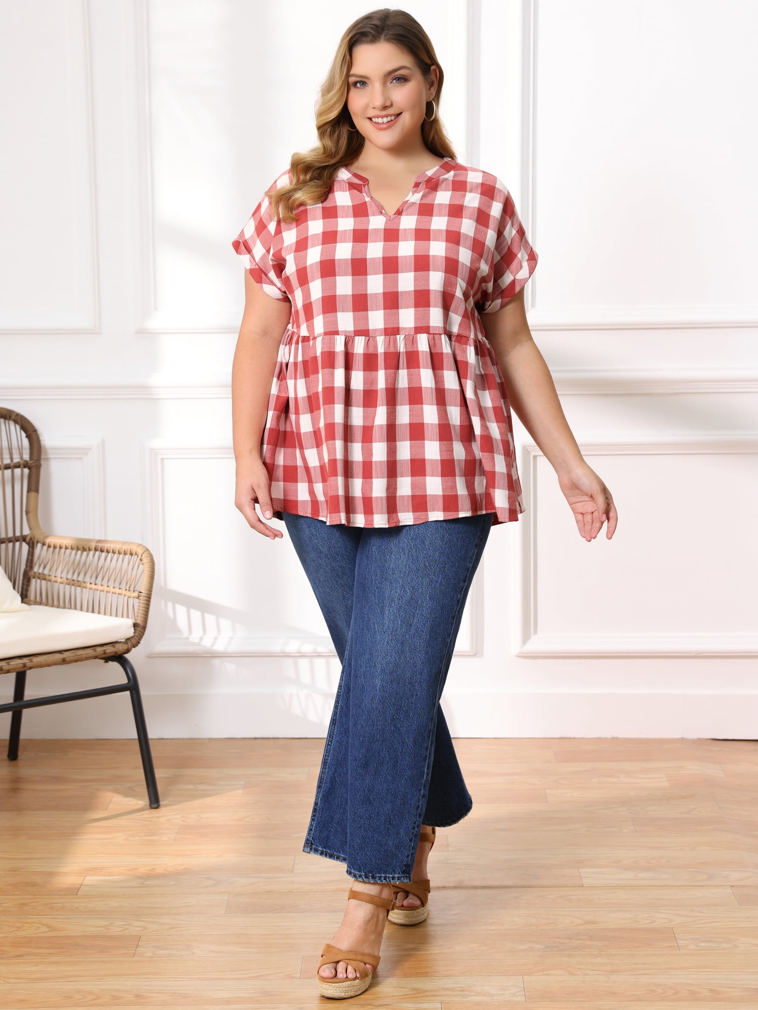 DARING DIVA Women's Plus Gingham Notch V Neck Blouse Babydoll Peplum Top 3X Red