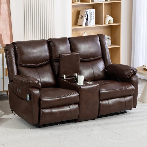 Power Loveseat Recliner Sofa with Massage and Heat, Leather Reclining Loveseat with Console Cup Holders, Home Theater Seating Couch with USB-C Charge