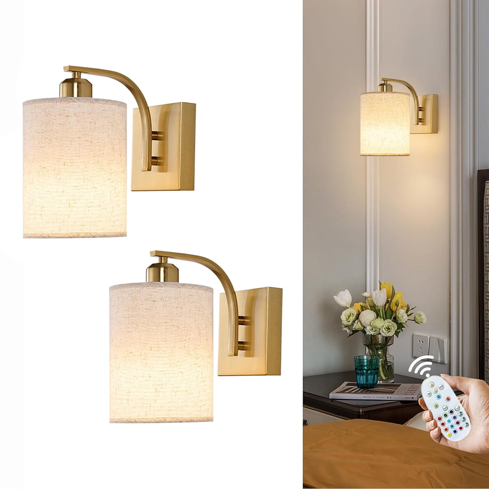 Jercoda 2 pack LED Battery Operated Wall Sconces with Remote Control, Linen Lamp with 15 Lighting Colors, Wireless Golden Lampshade Wall Light with 3 Modes for Bedroom, Living Room, Office, Hallway