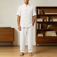 thumbnail image 5 of Men's Cotton Linen Kung Fu Uniform 2 Piece Set Loose Fit Breathable Lightweight Tai Chi Clothing for Training and Practice Short Sleeved Shirt Tops and Pants Size 5XL White, 5 of 9