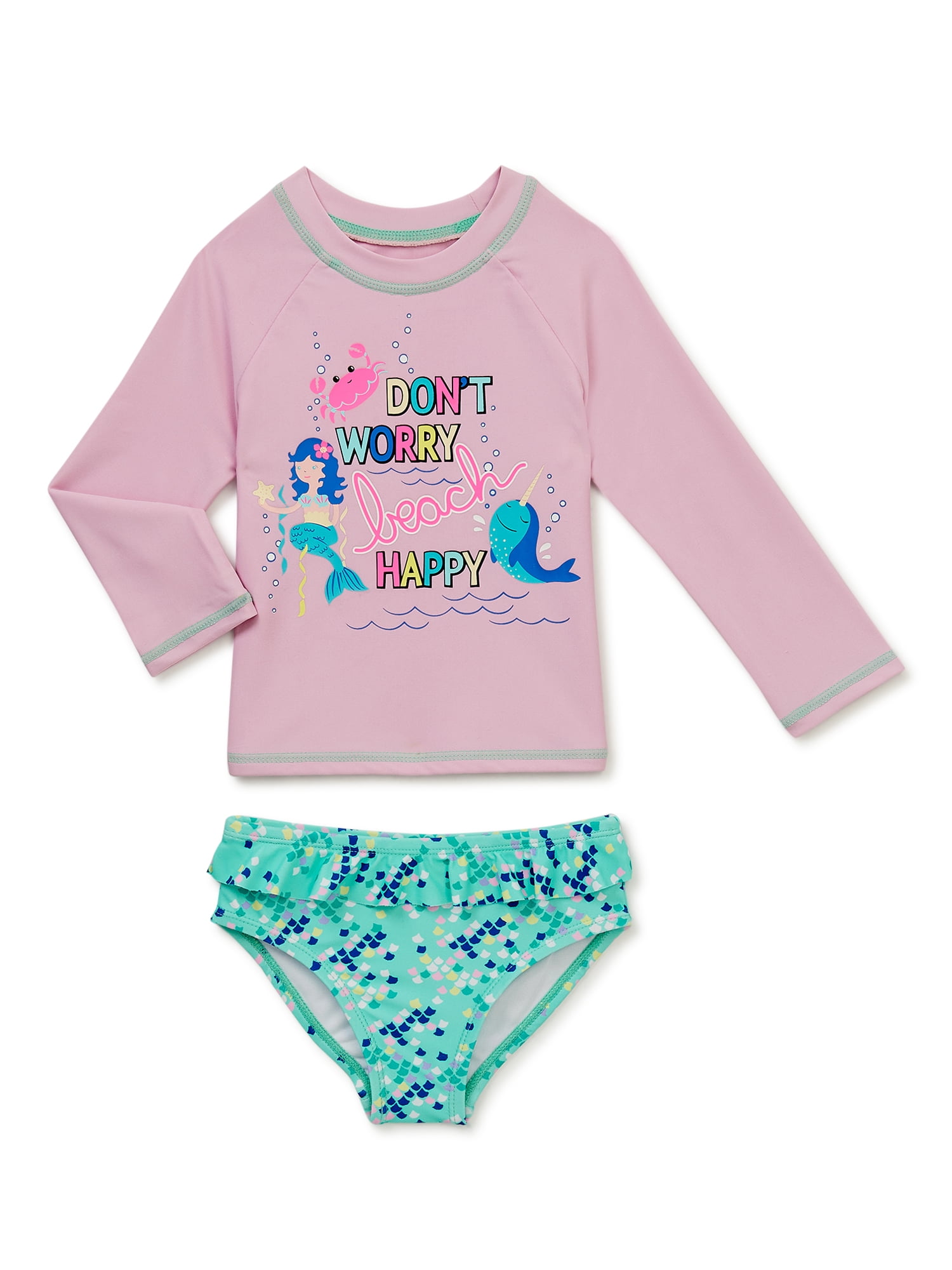Essentials Toddler and Baby Girls' UPF 50 2-Piece Long-Sleeve Rash Guard Set 