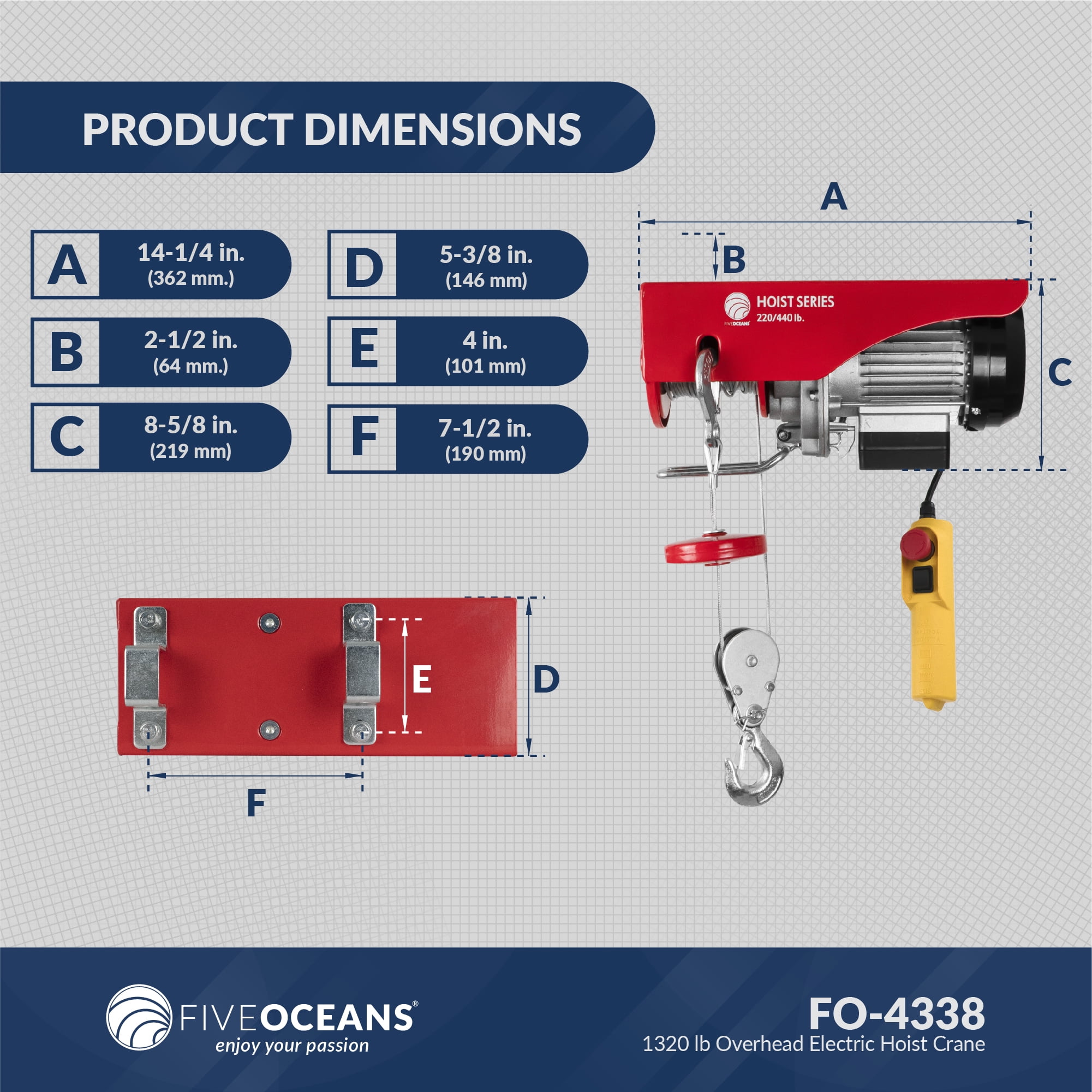 Five Oceans Lift Electric Chain Hoist Single Phase Overhead Crane Garage Ceiling Pulley Winch Hook Mount with 20ft Remote Control (120V/60HZ- 660lbs)