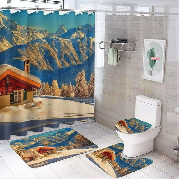Winter Theme Shower Curtain Sets with Rugs 4pcs Lakeside Snow Scene Bathroom Decor Set Waterproof Shower Curtain Non-Slip Rugs Toilet Rugs Bath Mats Bathroom Curtains Shower Set 71 x 71 Inch