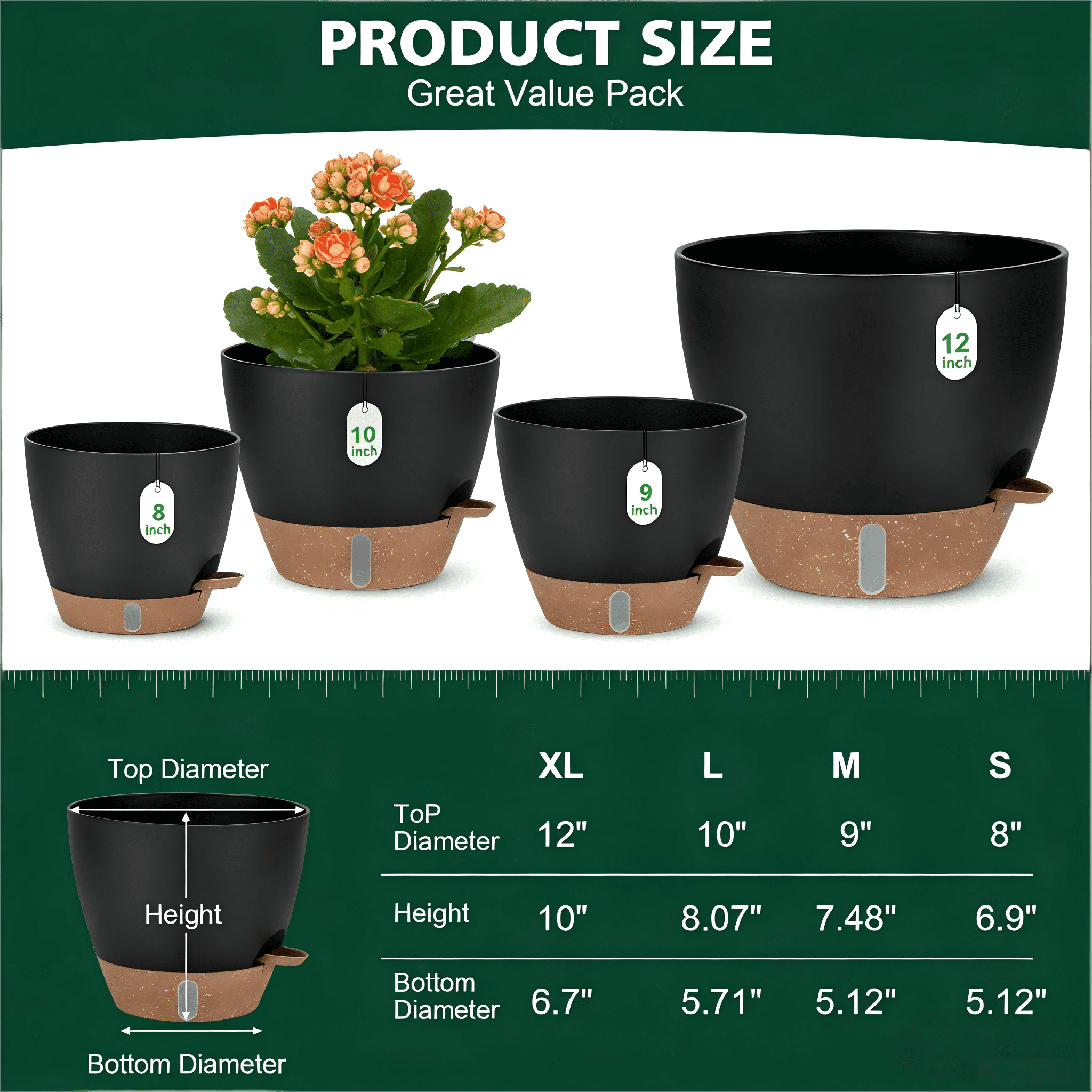 Lopxenu Self-Watering Plant Pots with Water Level Indicator, Set of 4 Flower Planters with Drainage Holes & Saucers, 12/10/9/8 Inch Large Plastic Planter Set for Indoor & Outdoor Plants ( Black)