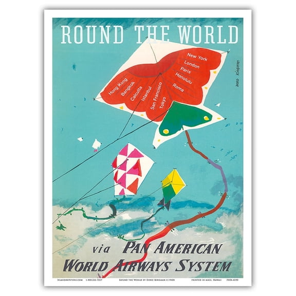 Round the World - Kites - Vintage Airline Travel Poster by Dong Kingman c.1960s - Master Art Print (Unframed) 9in x 12in