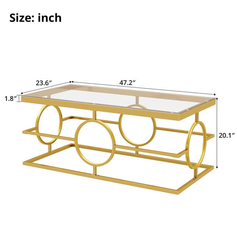Glass Top Coffee End Table with Gold Metal Frame, Rectangular Storage Center Cocktail Table with Geometric Circle Base