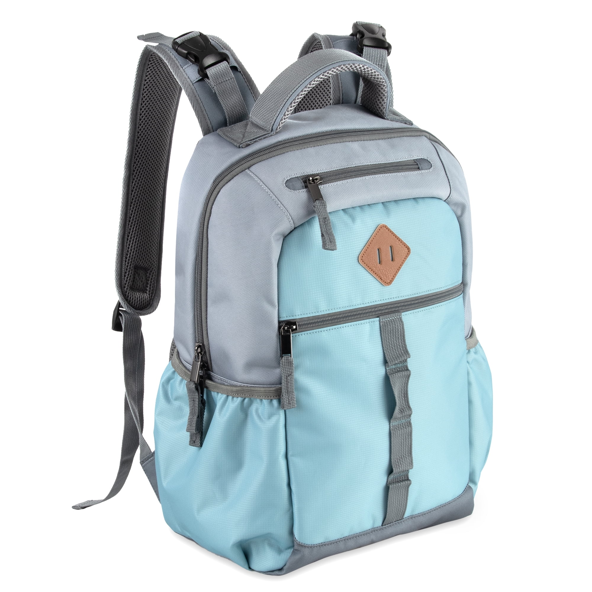 Baby Essentials Multi-Pocket Dual Zipper Closure Diaper Bag Backpack with Matching Changing Pad, Insulated Bottle Pockets and Stroller Straps in Ice Blue and Gray