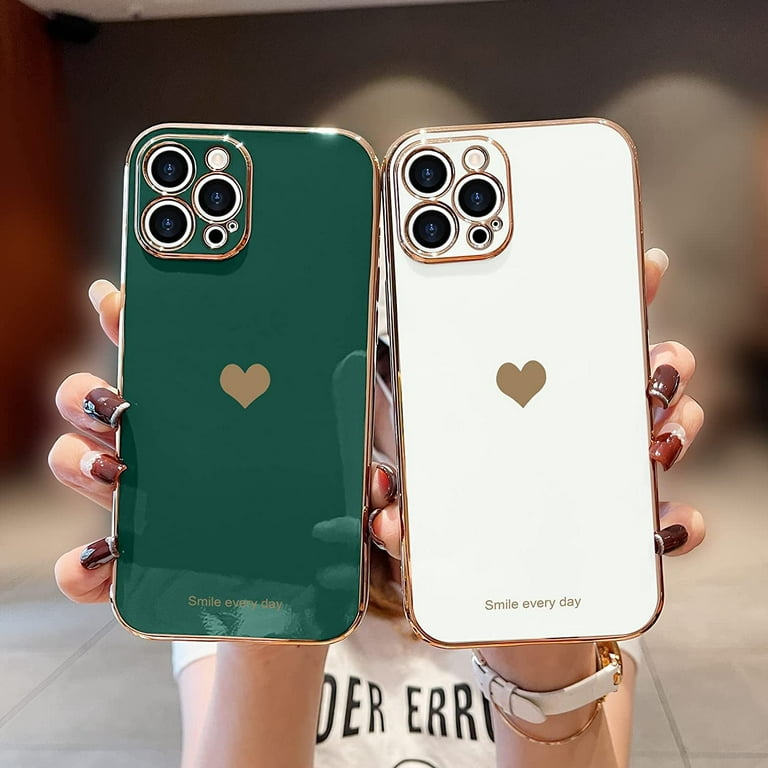 iPhone 12 Pro Max Case for Girl Women Cute Love-Heart Luxury Bling Plating  Soft Back Cover Raised Camera Protection Bumper Silicone Shockproof Phone