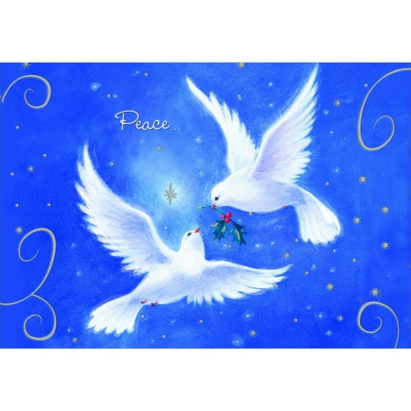 Designer Greetings Two Doves in Flight and Silver Swirls on Blue Box of 15 Peace Christmas Cards