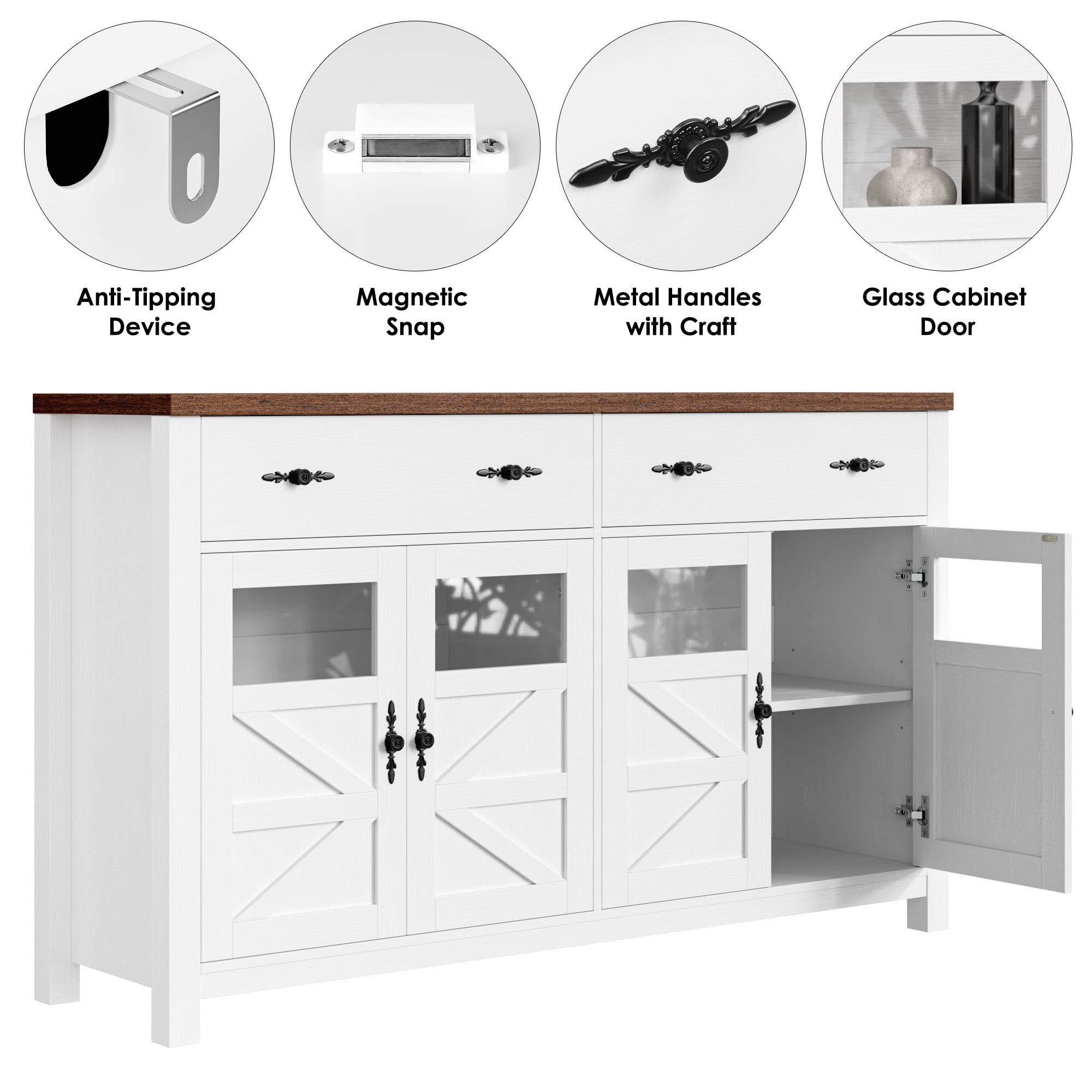 Homfa Farmhouse 55.1"W Kitchen Buffet Cabinet with Storage Drawer & Adjustable Shelf, Glass Door Wood Sideboard Credenza Coffee Bar with for Dining Room Living Room, White & Natural Wood