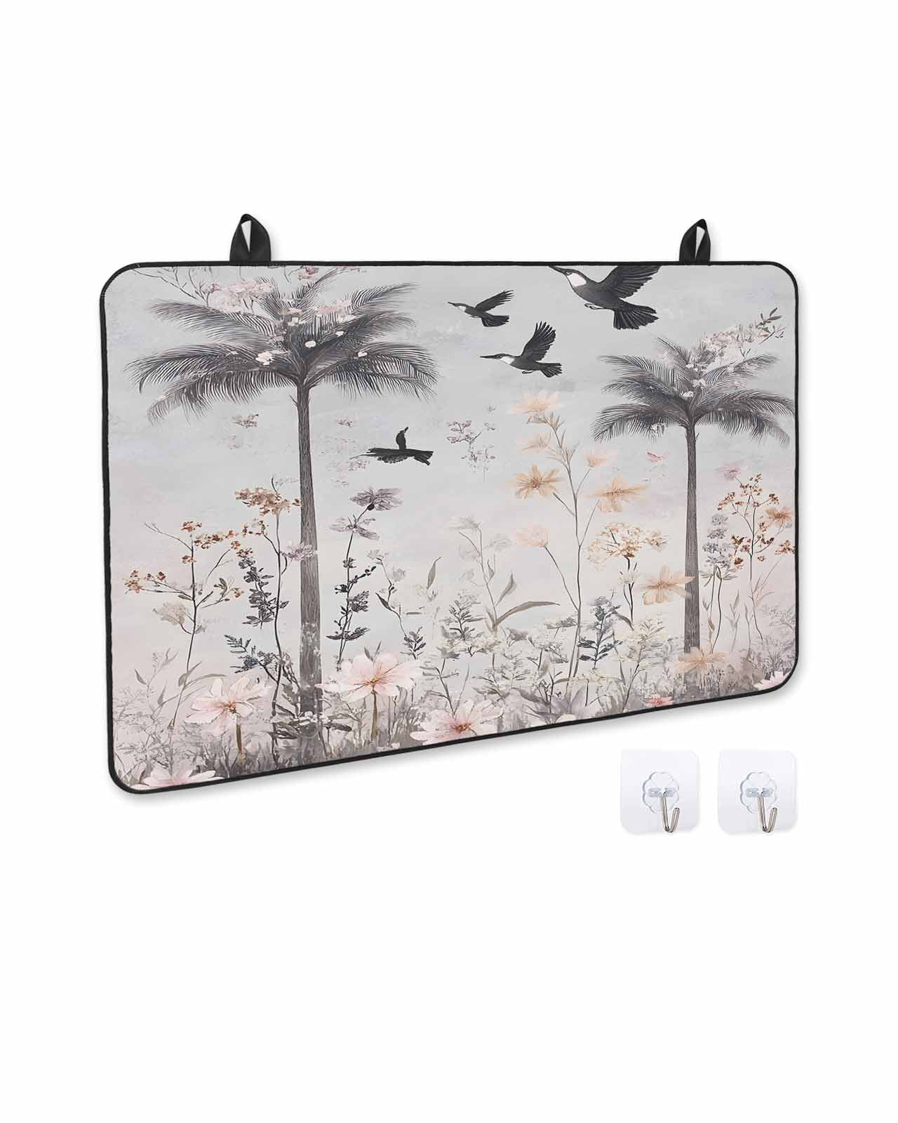 nqOlkjepod Large Induction Cooktop Protector Mat 36"x21", Spring Floral Stove Top Covers for Electric Stove, Watercolor Birds Palm Tree Botanical Stove Burner Cover Mats, Glass Top Stove Cover