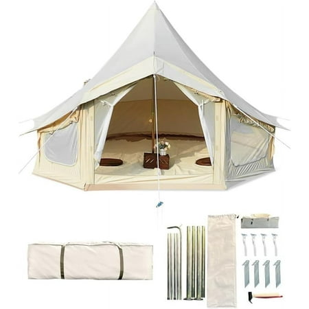 TROPOW Tents for Camping Canvas Bell Tent Yurt Tent 4 Seasons with 2 Stove Jack&4 Mesh Zippers Windows Breathable Waterproof Tent Suitable 4-12 People Canvas Bell Tent for Family Camping