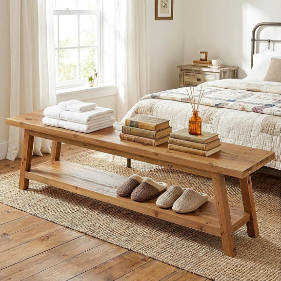 TRIBEWOOD 62.99" Solid Wood Bed Bench with Storage Shelf