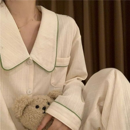

CoCopeaunt Korean early spring simple V-neck placket collision color long-sleeved pants pajamas female gentle department wear home wear set