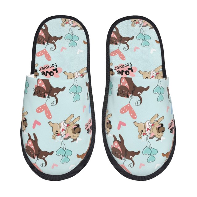 Balery Cute Pug Dogs Pantuflas de Casa de Felpa Silenciosas con Diseño Estampado, Zapatillas Cómodas Antideslizantes de Algodón para Interior-Large