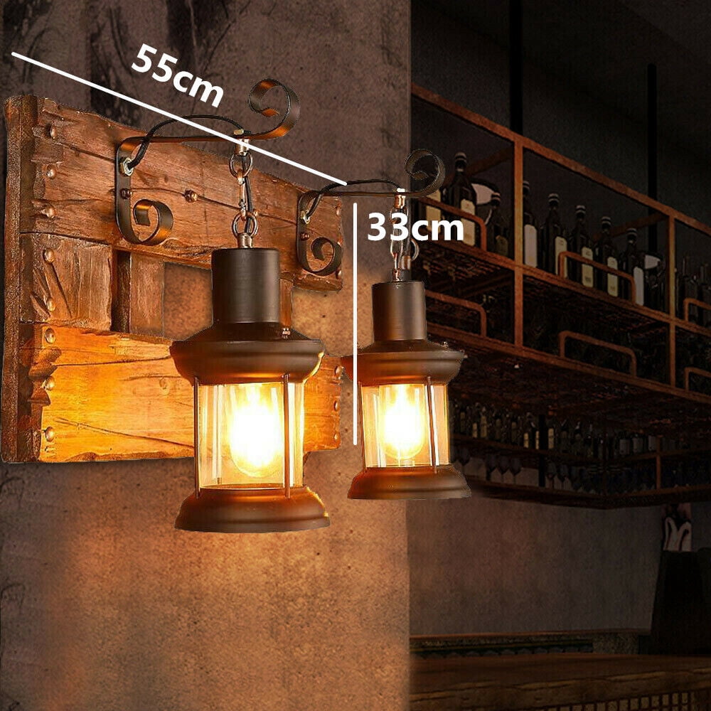 DENEST Rustic Wall Sconce Lamp Lantern Metal Glass Porch Light Hallway + Wood NEW
