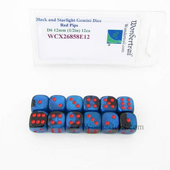 Black and Starlight Gemini Dice with Red Pips 12mm (1/2in) D6 Set of 12 Wondertrail