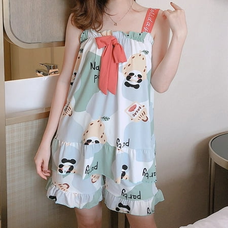 

PIKADINGNIS Lady Style Summer Sleepwear Set New Sling Shorts Dee Sexy Pajama Set Cute Womens Home Wear Clothes Print Pyjamas Set
