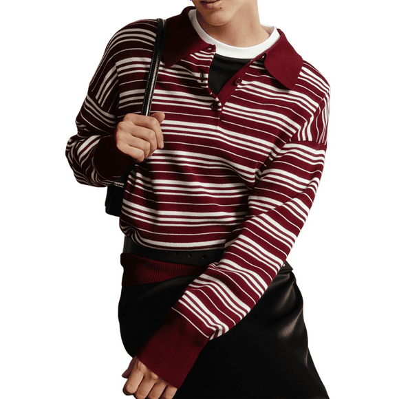 Women's Striped Shirt Long Sleeve Color Block Tops Notched Neck Summer Tee Red M