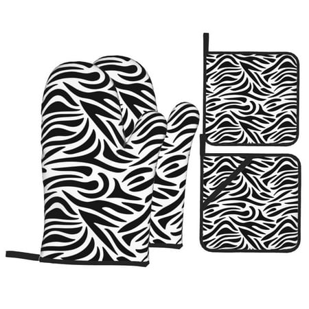 

Oven Mitts and Pot Holders 4 pcs Set Zebra print black white cool Heat Resistant Pot Holders Oven Mitts for kitchen Non-Slip Hanging Loop Oven Glove Potholders for Baking Cooking