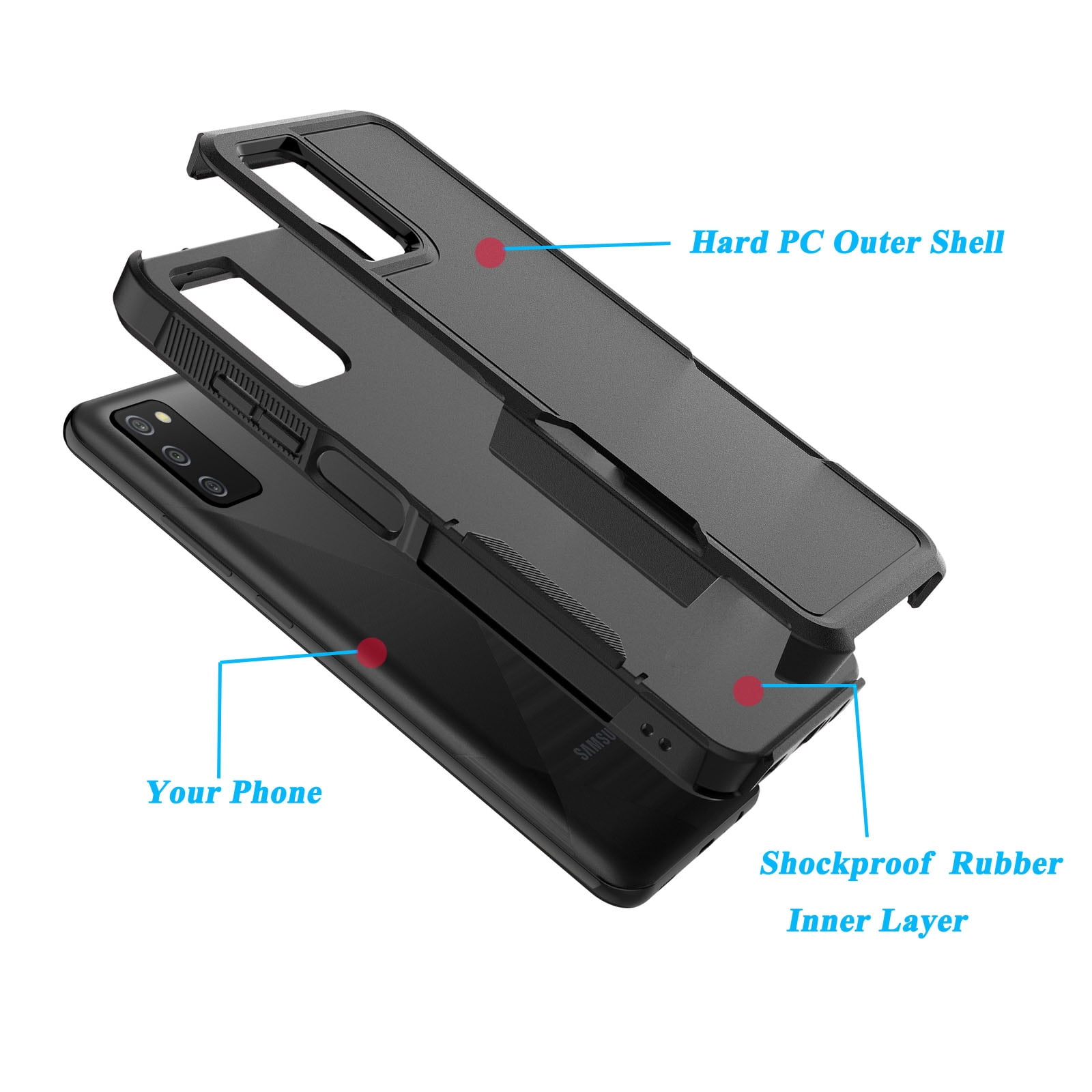 For Samsung Galaxy A03S Case, 2 in 1 PC Phone Case for Galaxy A03S 6.5" 2022 Case, Njjex Rubber & Rugged Shockproof Full Body Protection Case Cover-Black