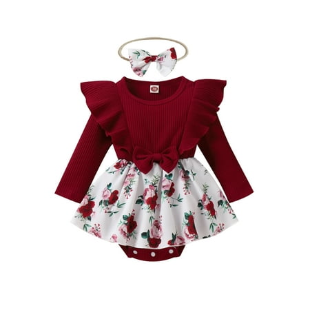 

Eyicmarn Infant Baby Girl Spring Autumn Jumpsuit Ribbed Flora Print Patchwork Ruffled Long Sleeve Romper Dress + Bow Headband