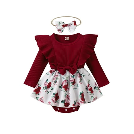 

Jkerther Infant Baby Girl Jumpsuit Ribbed Flora Print Patchwork Ruffled Long Sleeve Romper Dress+Bow Headband for Spring Autumn