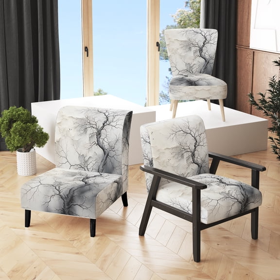 Designart "Mystique Tree White and Grey" Grey Floral & Botanical Upholstered Accent Chair - Traditional Arm Chair For Bedroom