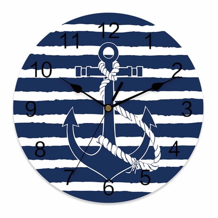 Wall Clock 10 Inch Nautical Anchor Round Silent Decorative Wall Clocks Battery Operated for Living Room Bedroom Kitchen Classroom Decor, Navy Blue Striped Pattern,Small