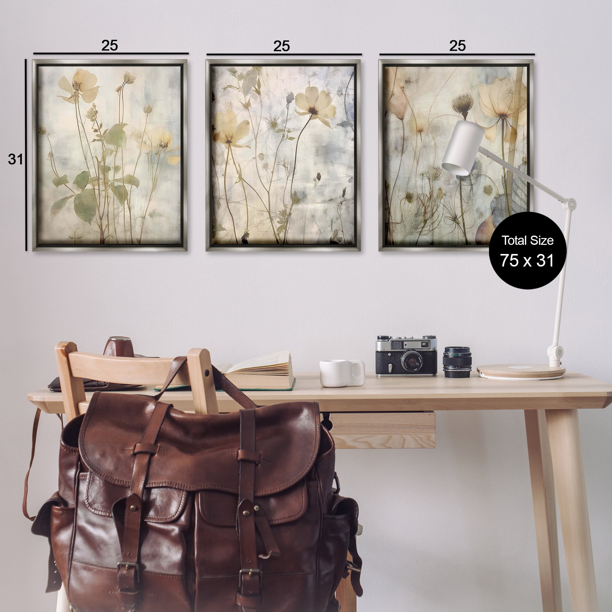 Stupell Industries Soft Blooming Botanicals Plants & Flowers Painting Gray Floater Framed Canvas Art Print Wall Art, 25 x 31, Set of 3